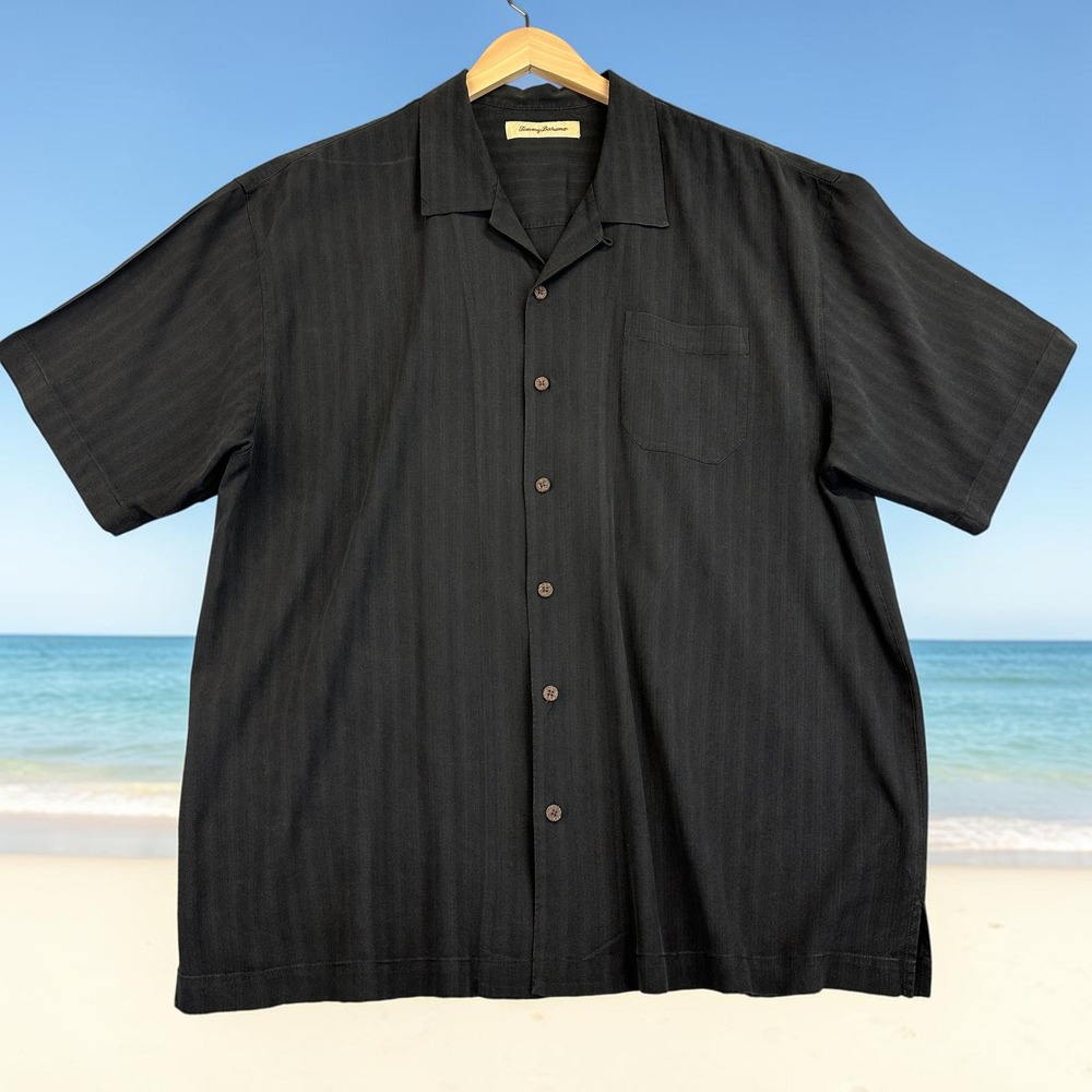 Tommy Bahama Shirt Mens XXL Black Silk Short Sleeve Camp Collar Jaquard Stripes
